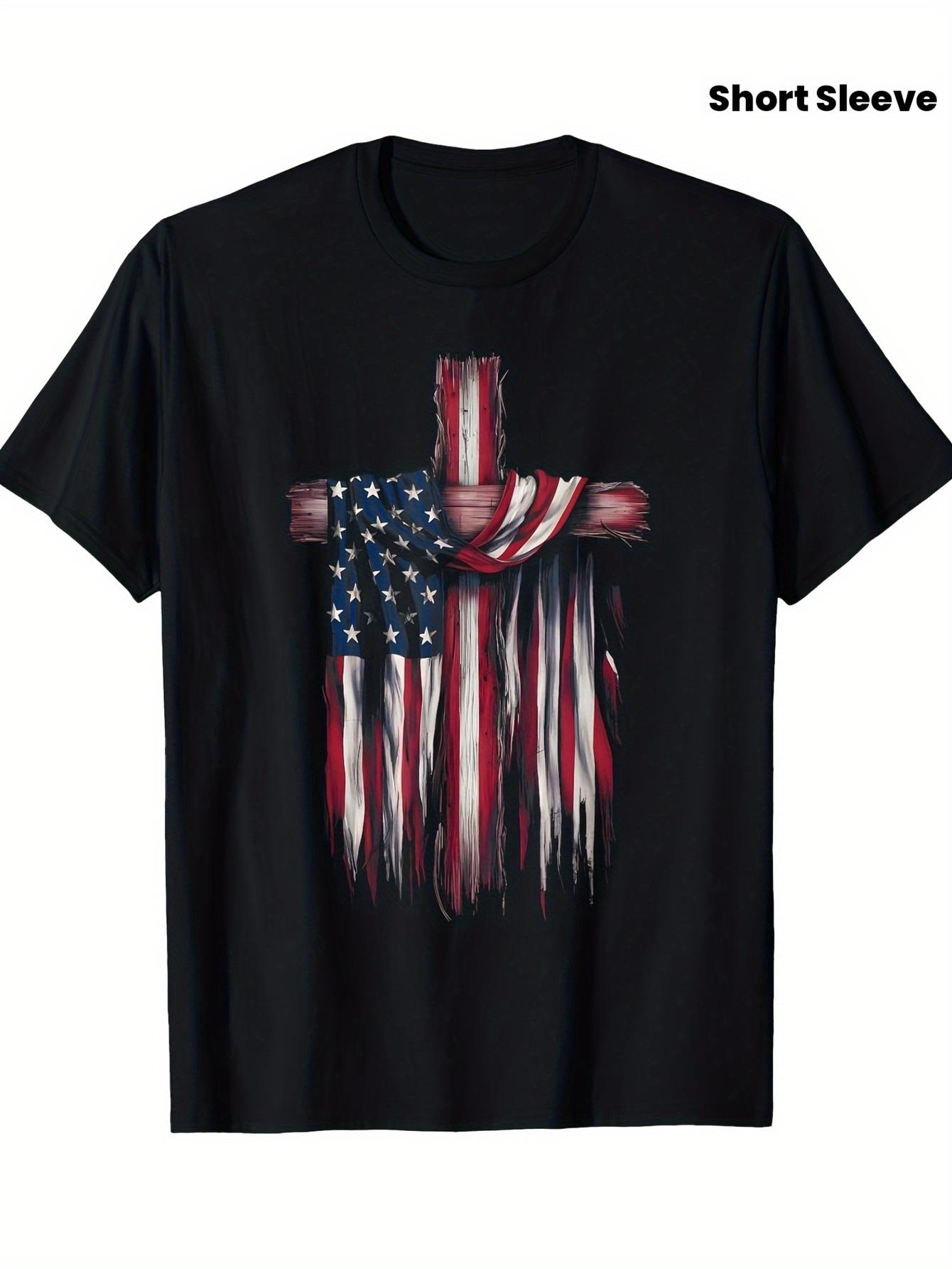 Crossfit Event - メンズ愛国的クリスチャン信仰Tシャツ - アメリカ国旗クロスデザイン、キリスト、アメリカ合衆国地図の輪郭、7月4日独立記念日向けアパレル、黒の半袖カジュアルTシャツ、レギュラーフィット、教会イベント、普段着、祝日に最適